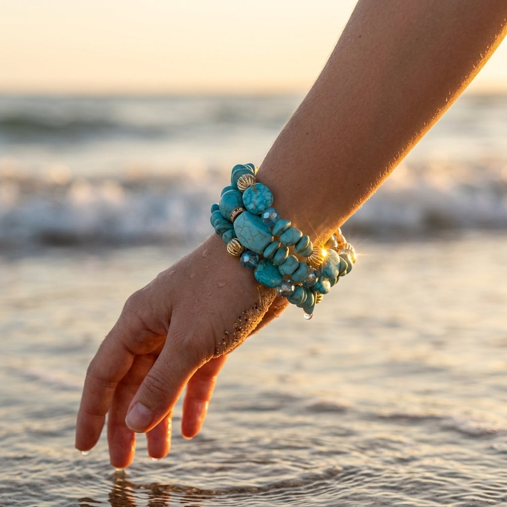 Blue Stone Beaded Stretch Bracelet