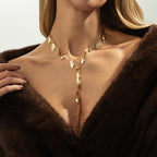 Long Y-Shaped Necklace Copper Chain Leaf Pendant