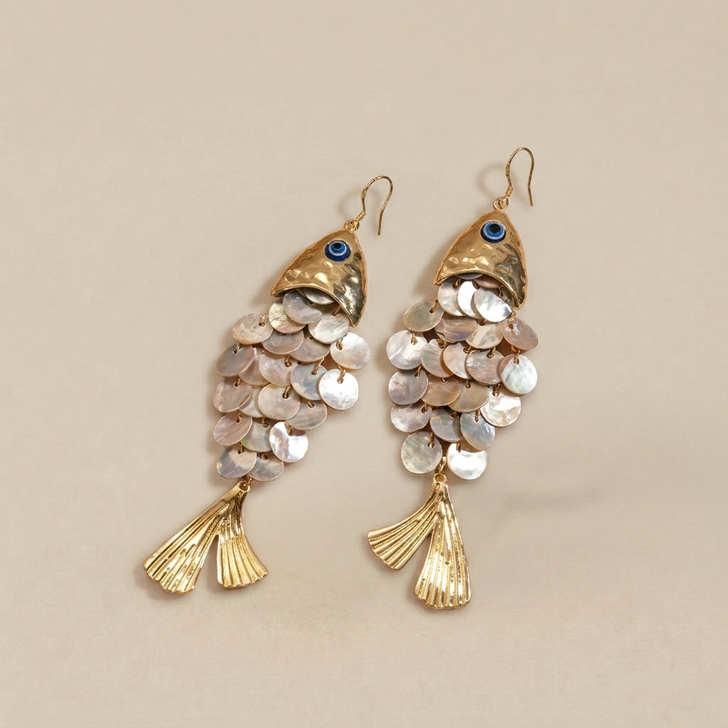 Fish Shell Dangle Earrings Blue Evil Eye