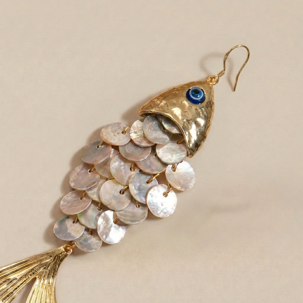 Fish Shell Dangle Earrings Blue Evil Eye