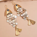 Fish Shell Dangle Earrings Blue Evil Eye