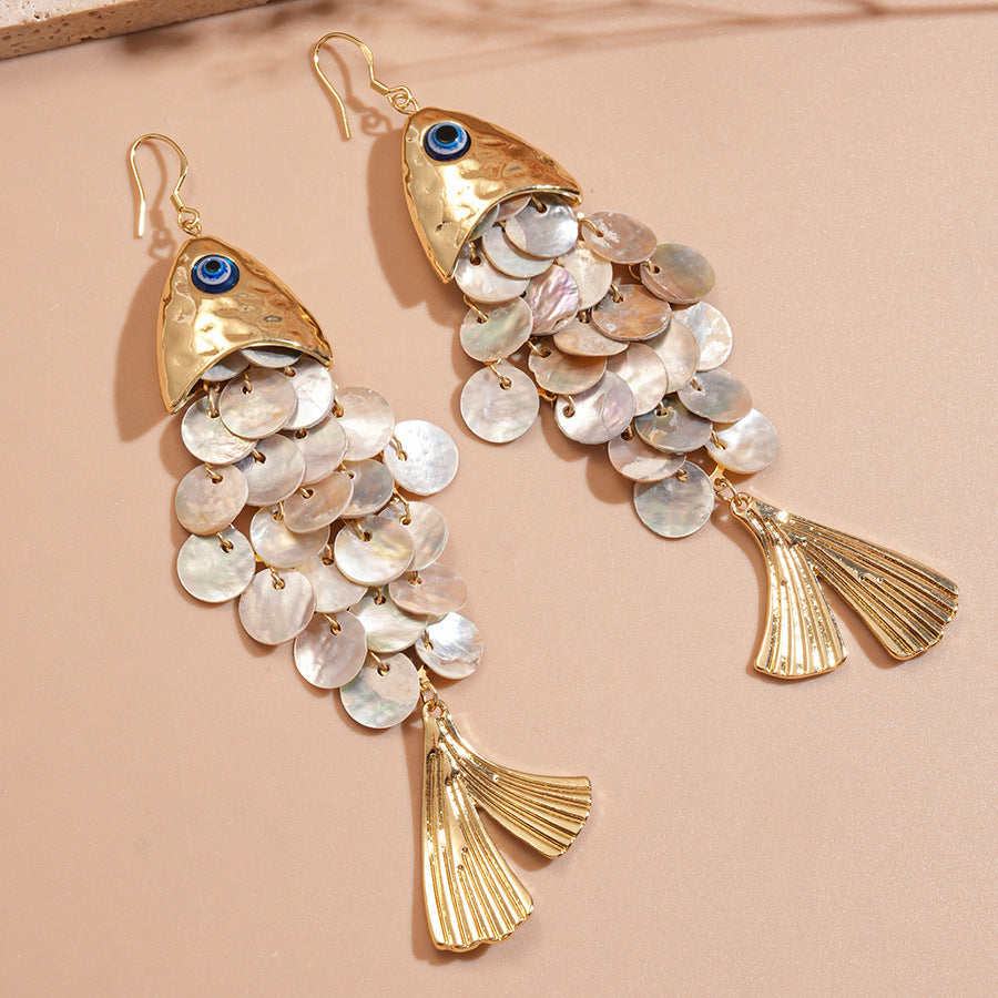 Fish Shell Dangle Earrings Blue Evil Eye