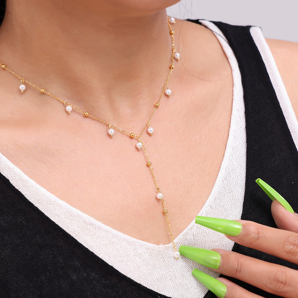 Titanium Pearl Tassel Y-Necklace