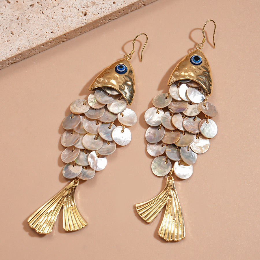 Fish Shell Dangle Earrings Blue Evil Eye
