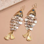 Fish Shell Dangle Earrings Blue Evil Eye