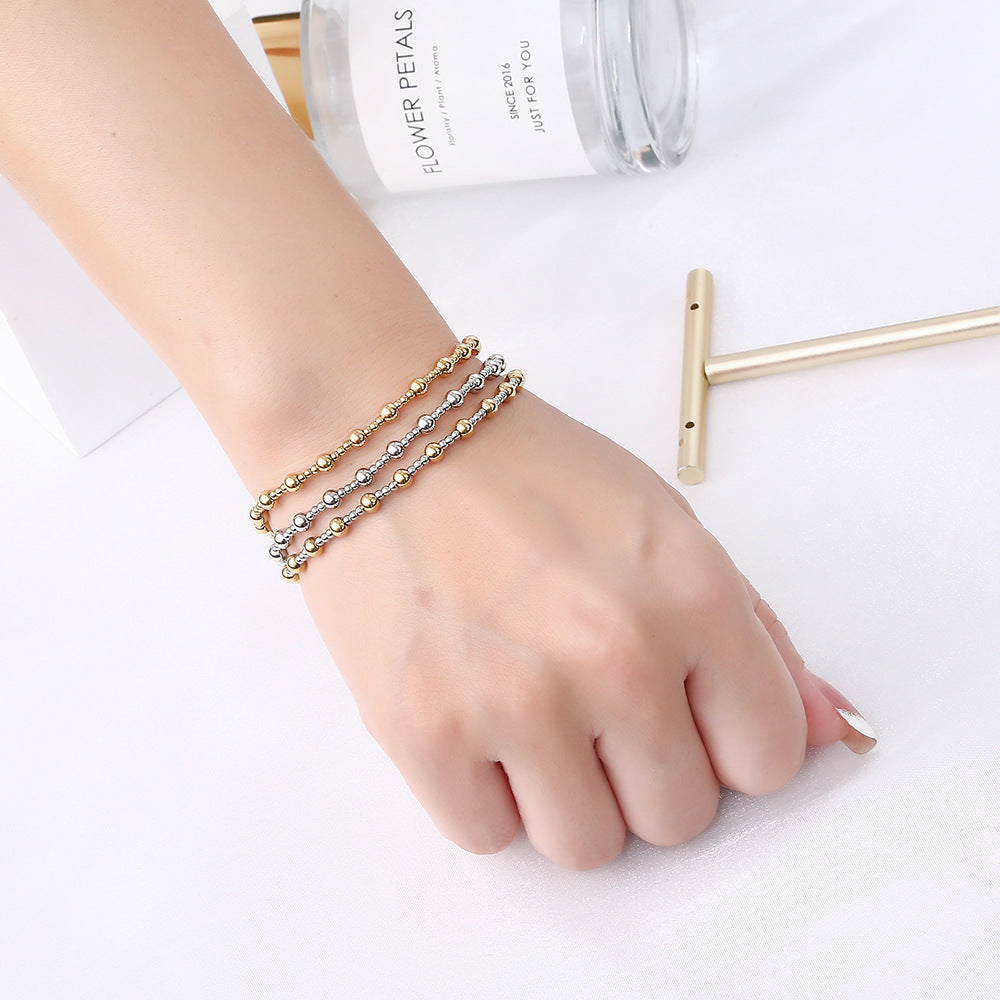 Minimalist Beaded Bracelet Stainless Steel 18K Gold Plated Elastic Stretch Alternating Beads Waterproof Jewelry For Women