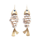 Fish Shell Dangle Earrings Blue Evil Eye