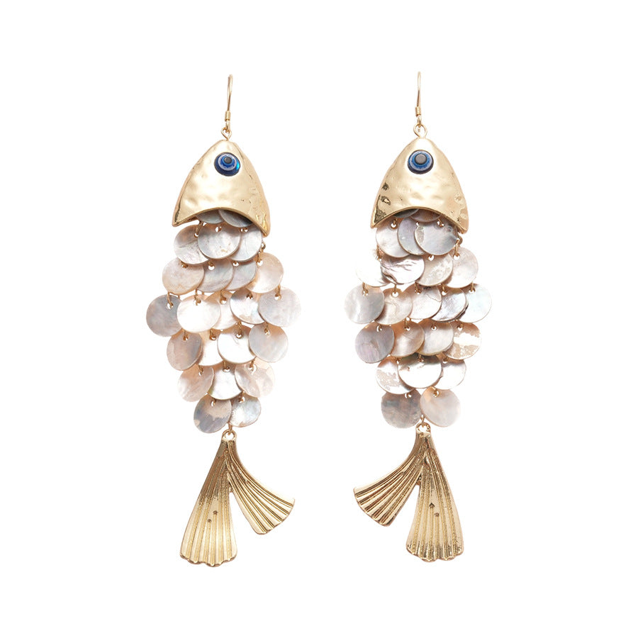Fish Shell Dangle Earrings Blue Evil Eye