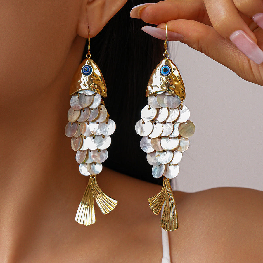 Fish Shell Dangle Earrings Blue Evil Eye