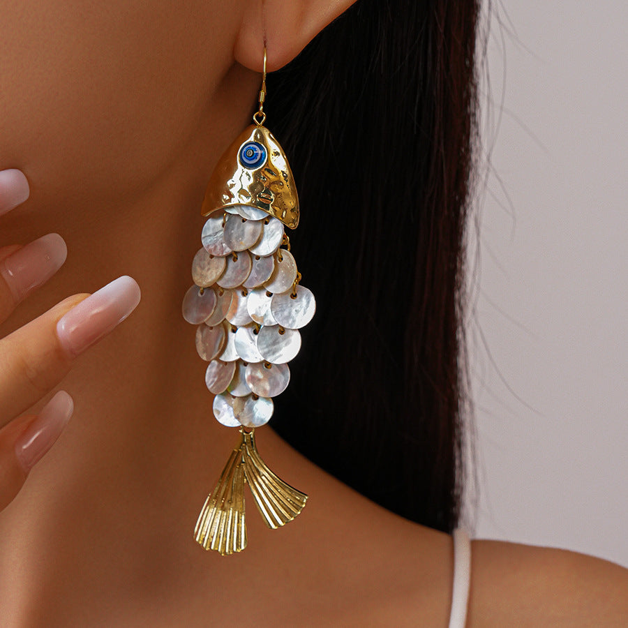 Fish Shell Dangle Earrings Blue Evil Eye