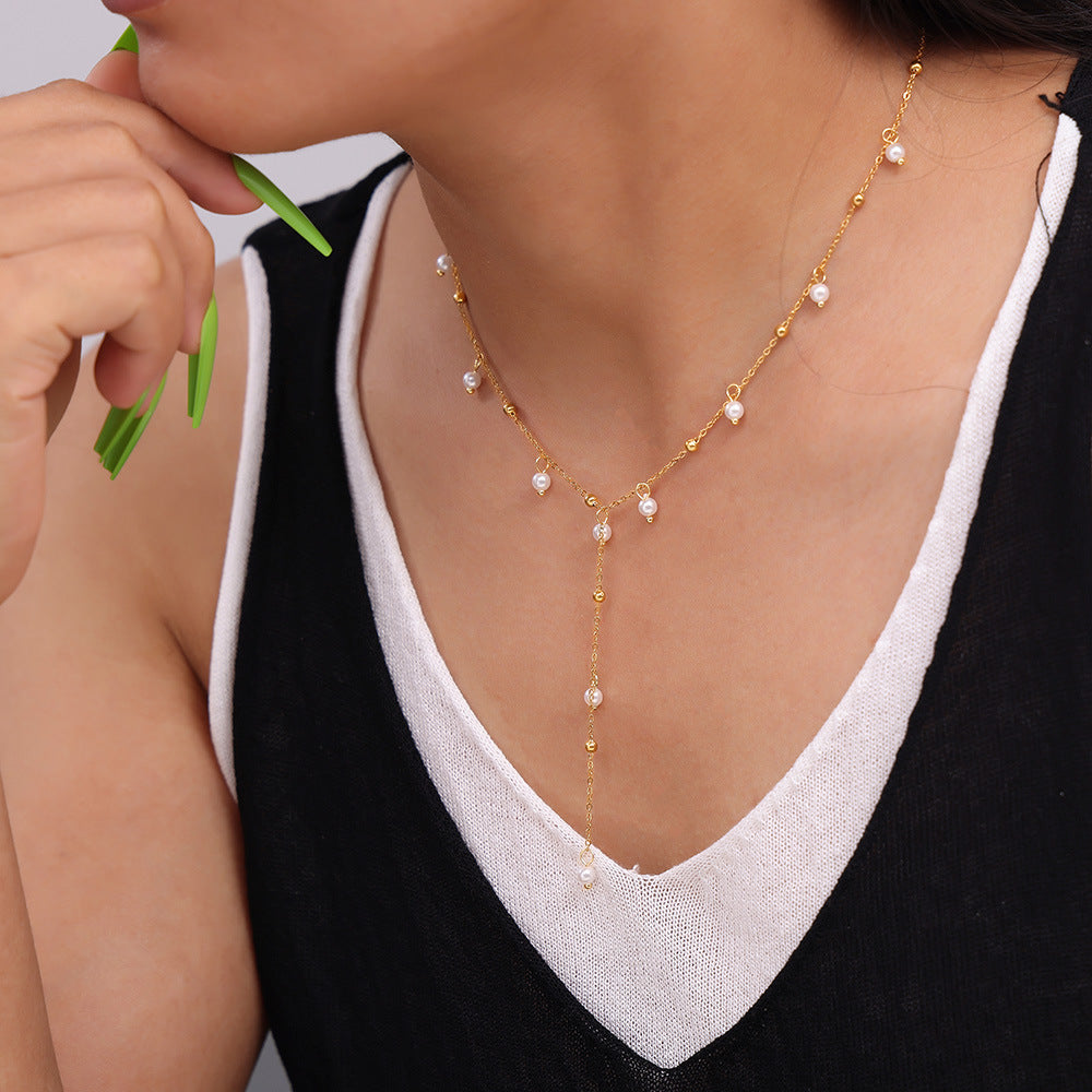 Titanium Pearl Tassel Y-Necklace