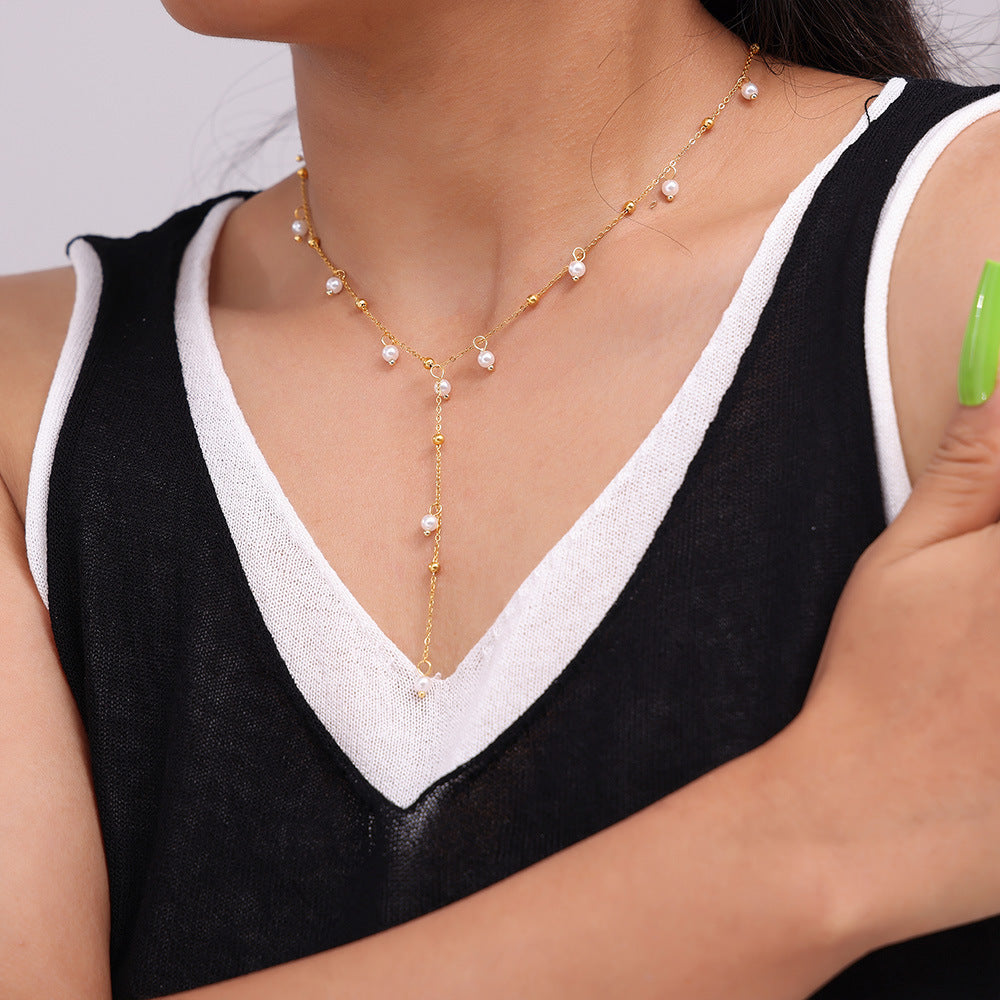 Titanium Pearl Tassel Y-Necklace